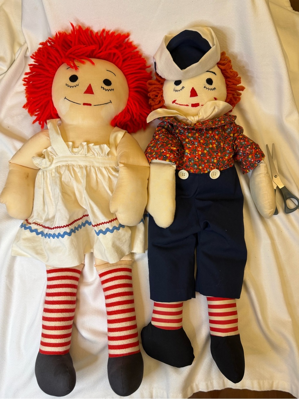 Vintage Raggedy Ann & Andy Dolls 24” Handmade Plush Pair Knickerbocker Style